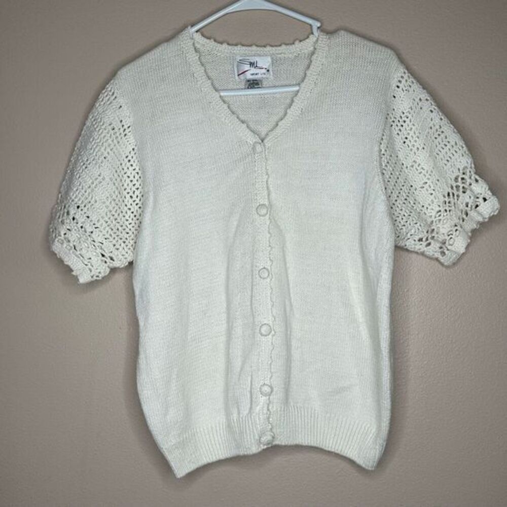 SML Sport White Cotton Blend‎ Cardigan with Crochet Lace Sleeves Size L